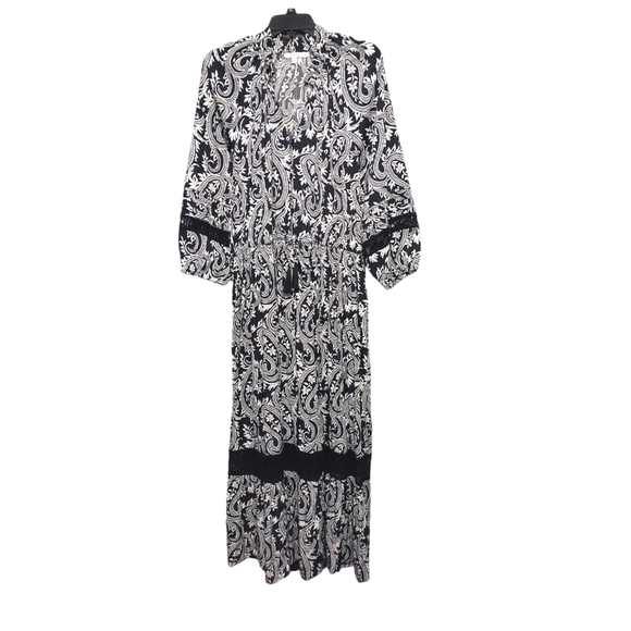 Chico's Paisley Black White Crochet Detail Ruffle Maxi Dress Women's Size 14 - Picture 13 of 14